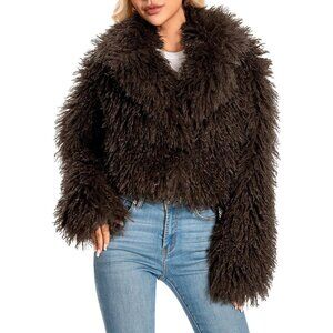 Faux Fur Coat for Women Coffee Plus Size Cropped Fluffy Fall Jacket